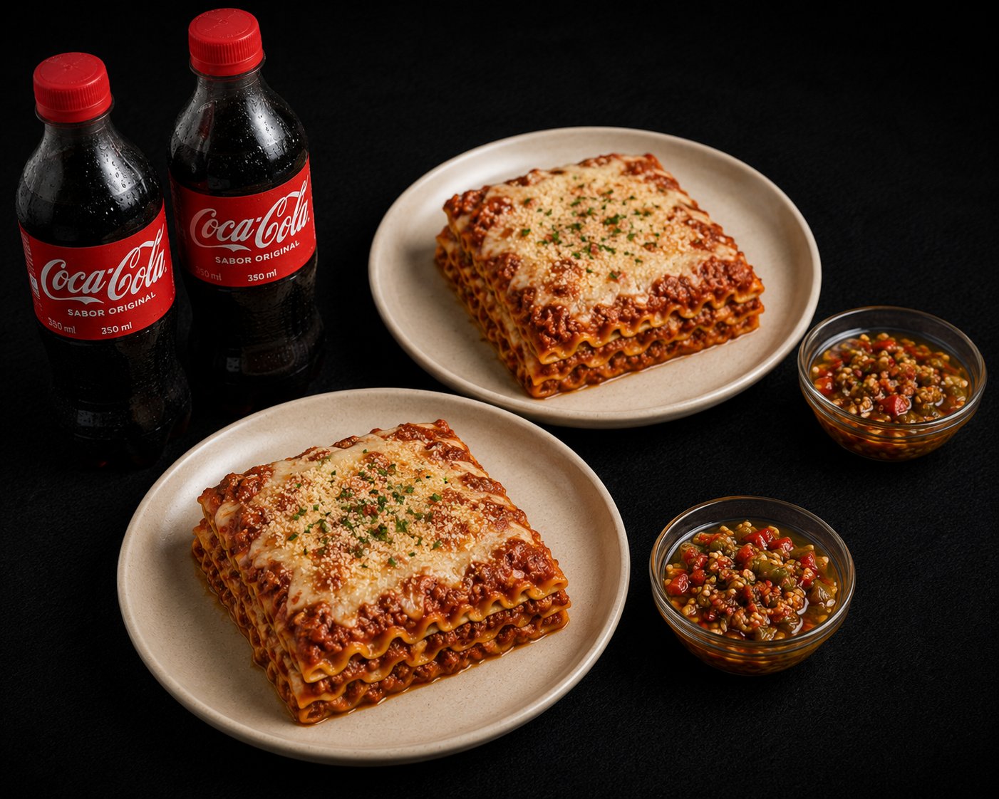 2 Lasañas boloñesa, con dobladitas, pebre y 2 bebidas.